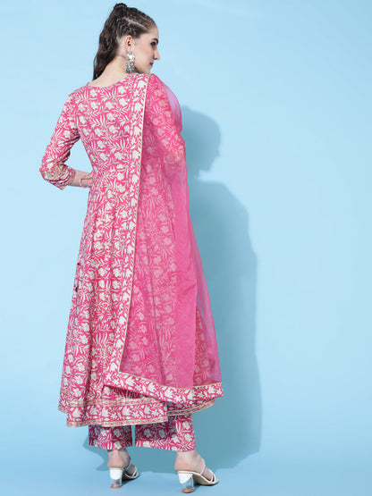 Cotton Calf Length Printed Flared 3/4 Sleeves V-Neck Kurta Bottom Dupatta Set (Preorder)