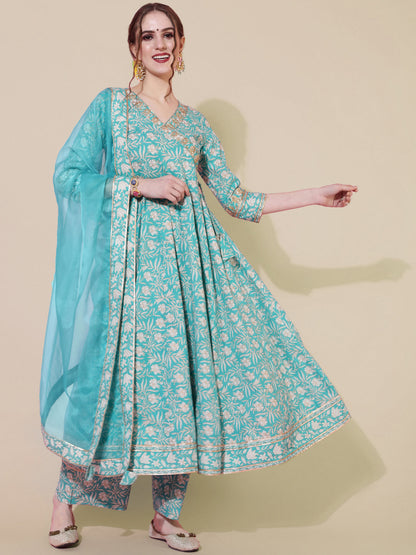 Cotton Calf Length Printed Flared 3/4 Sleeves V-Neck Kurta Bottom Dupatta Set (Preorder)