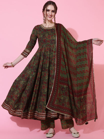 Cotton Calf Length Printed Flared 3/4 Sleeves Round Neck Kurta Bottom Dupatta Set (Preorder)