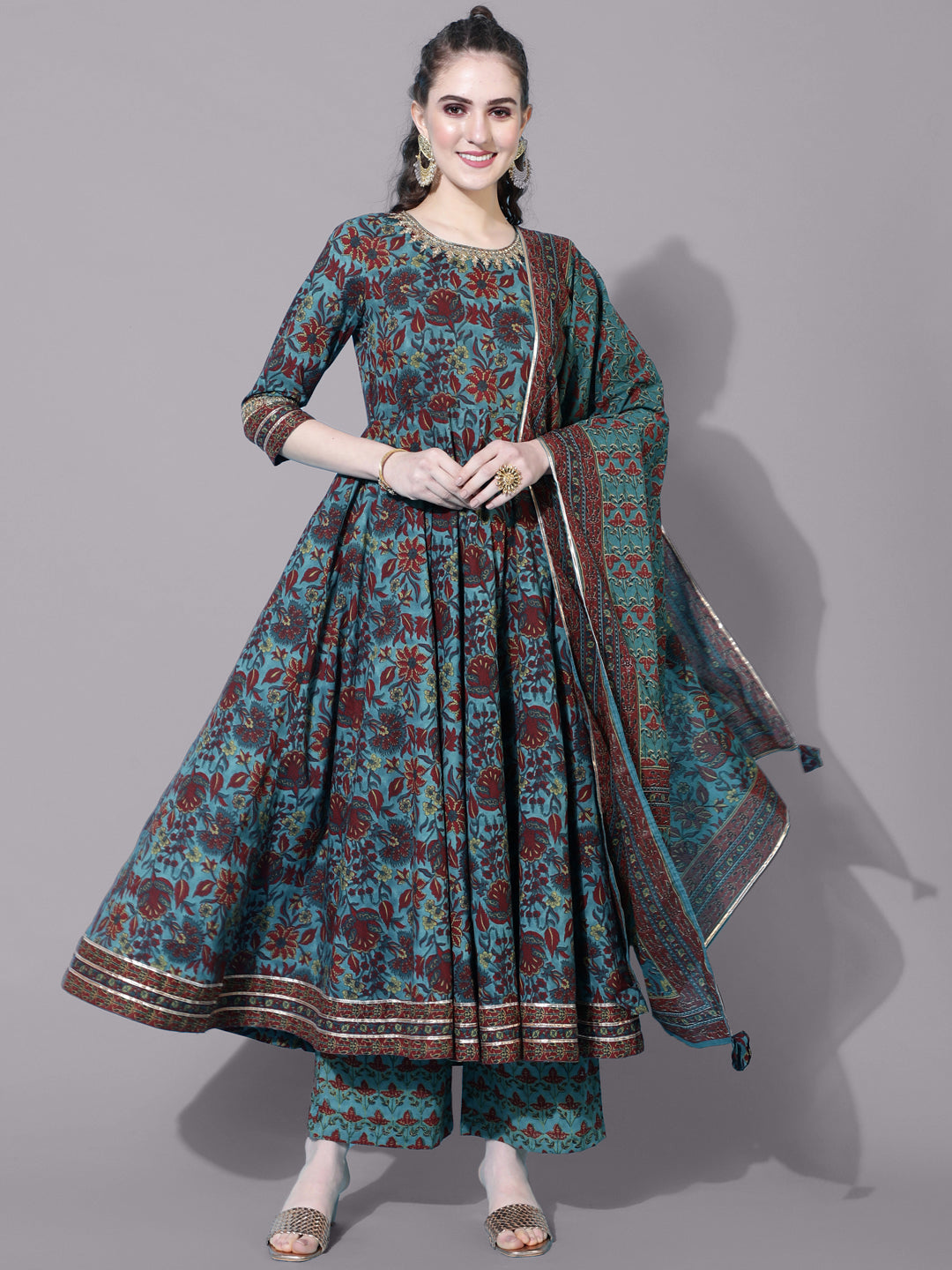 Cotton Calf Length Printed Flared 3/4 Sleeves Round Neck Kurta Bottom Dupatta Set (Preorder)