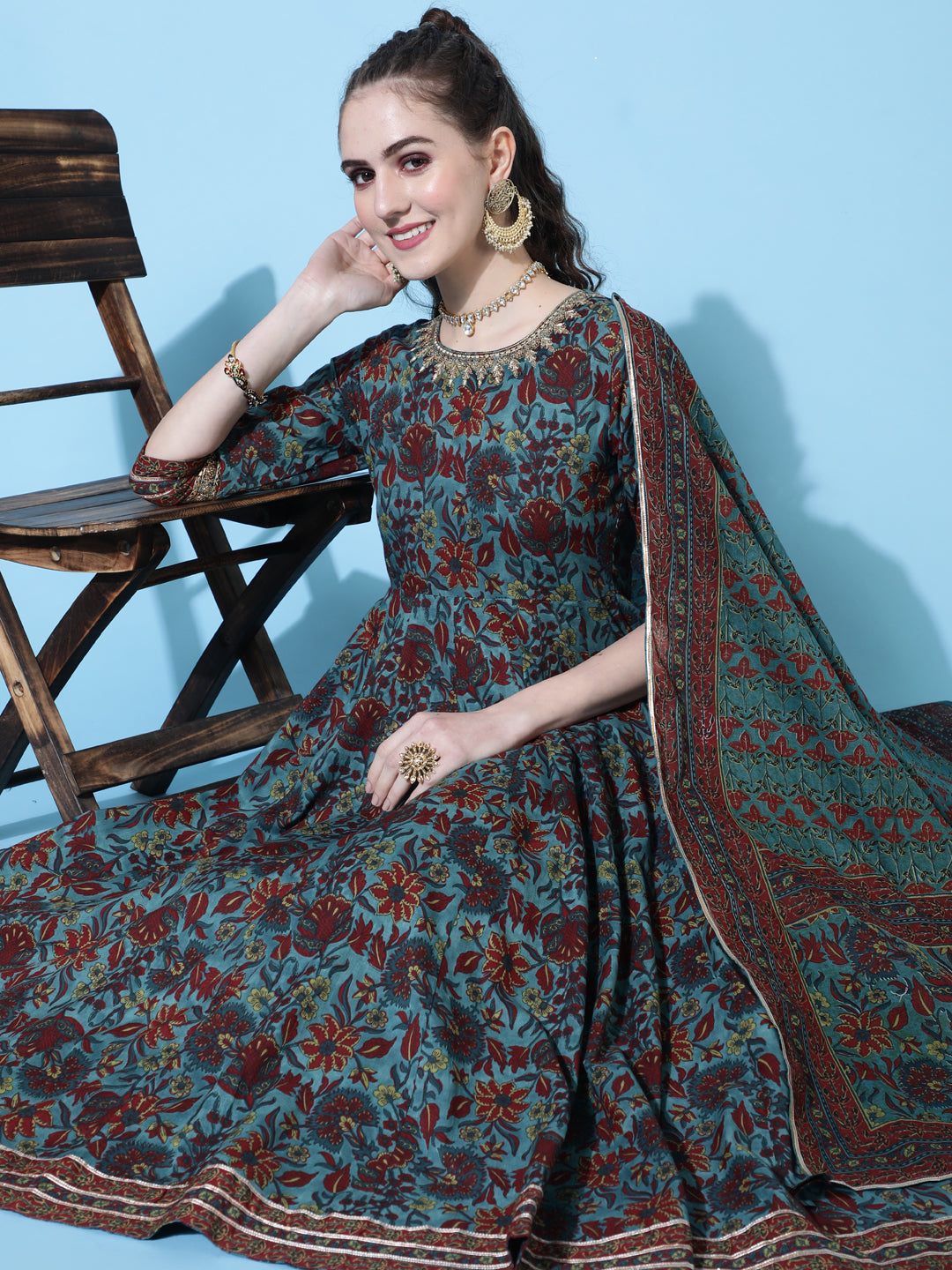 Cotton Calf Length Printed Flared 3/4 Sleeves Round Neck Kurta Bottom Dupatta Set (Preorder)