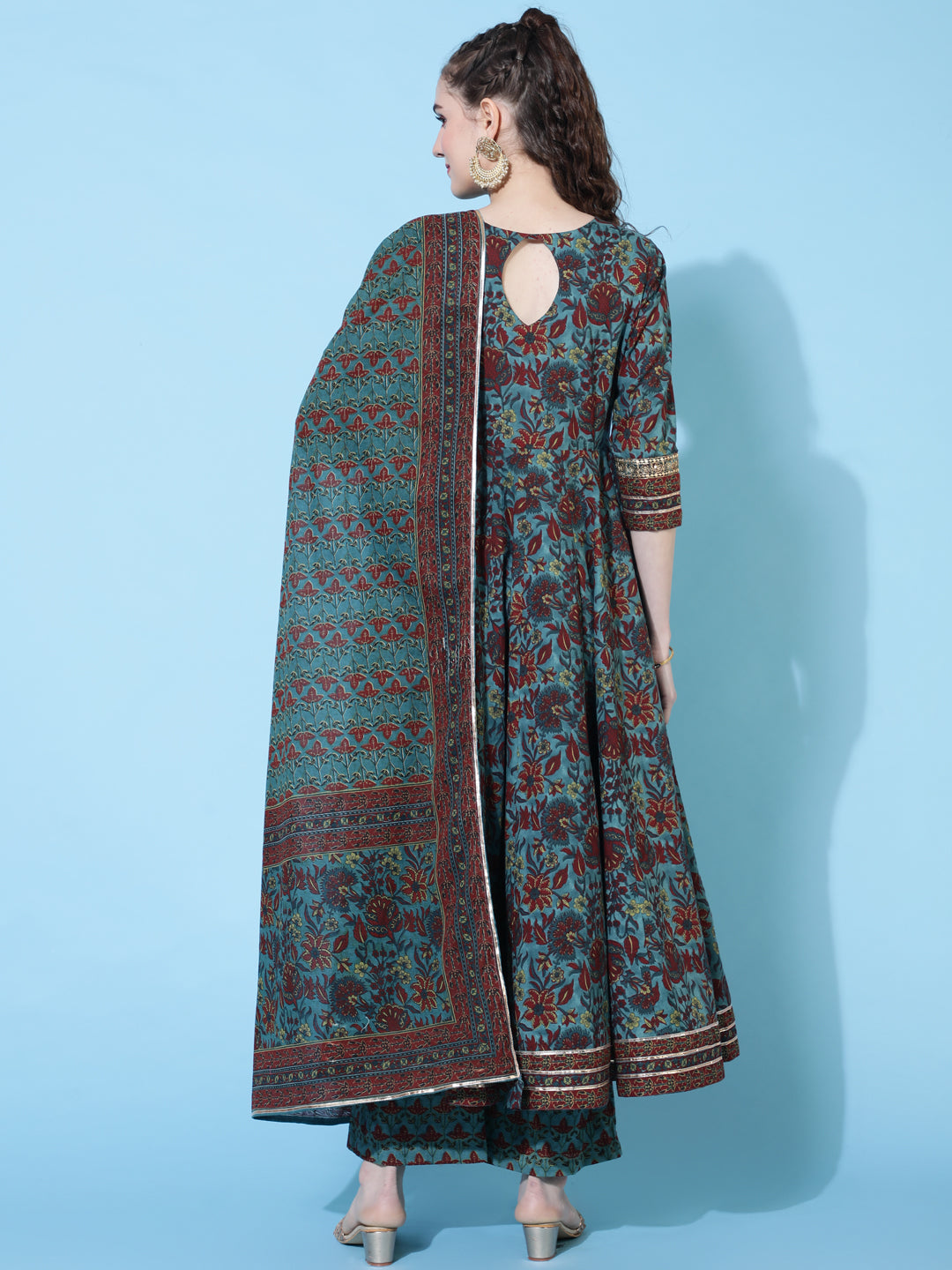Cotton Calf Length Printed Flared 3/4 Sleeves Round Neck Kurta Bottom Dupatta Set (Preorder)