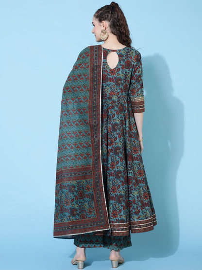 Cotton Calf Length Printed Flared 3/4 Sleeves Round Neck Kurta Bottom Dupatta Set (Preorder)