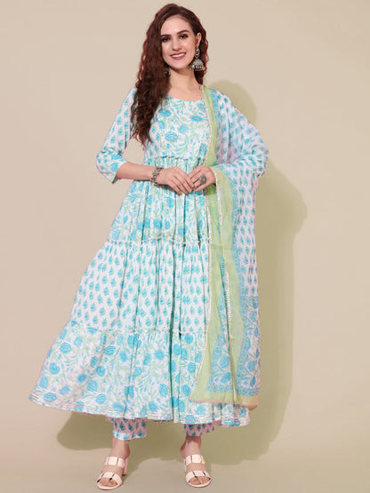 Rayon Calf Length Printed Flared 3/4 Sleeves Round Neck Kurta Bottom Dupatta Set (Preorder)