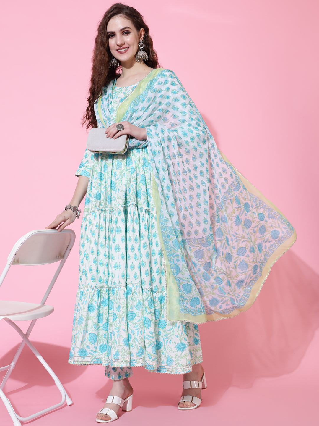 Rayon Calf Length Printed Flared 3/4 Sleeves Round Neck Kurta Bottom Dupatta Set (Preorder)