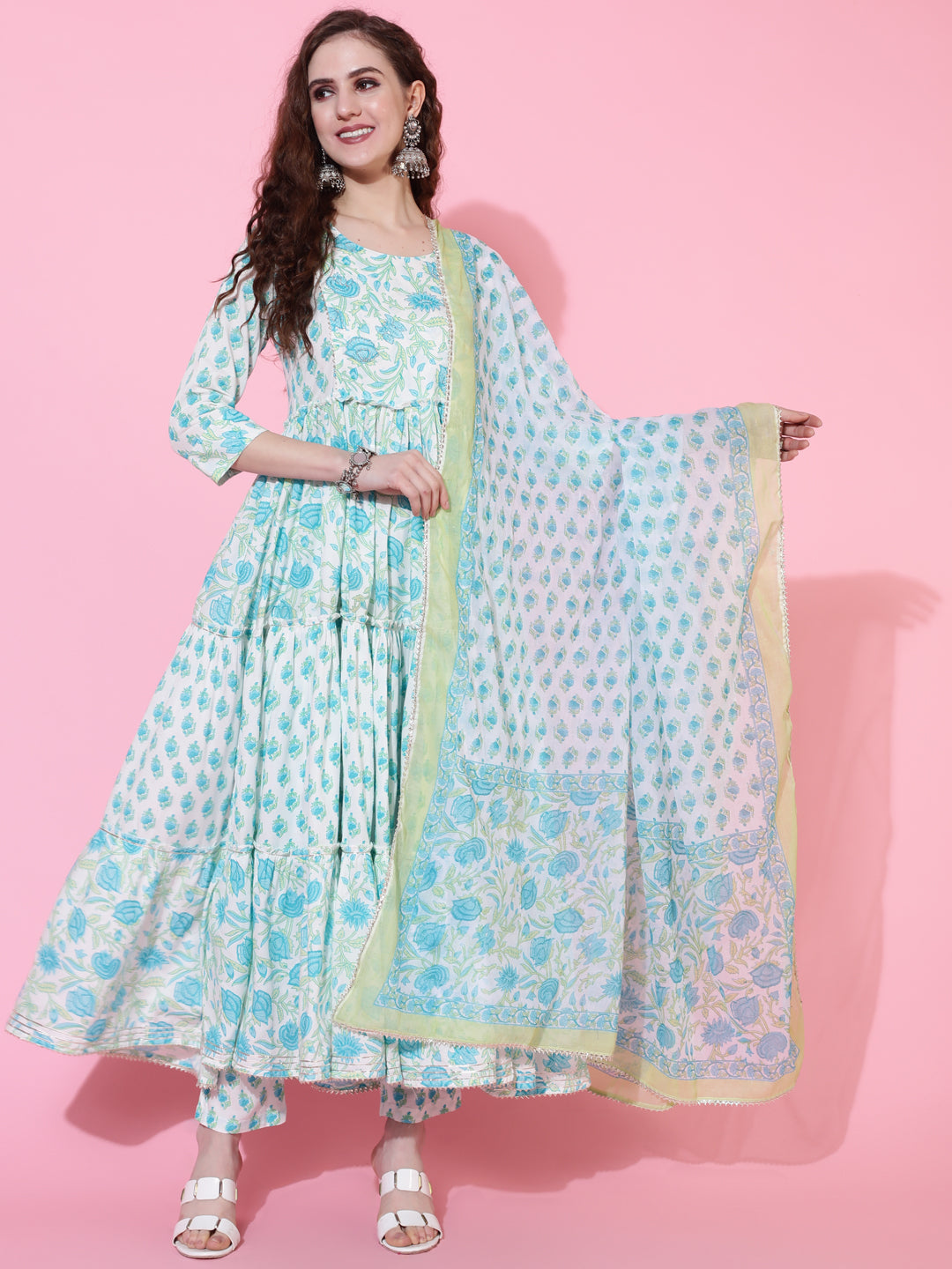 Rayon Calf Length Printed Flared 3/4 Sleeves Round Neck Kurta Bottom Dupatta Set (Preorder)