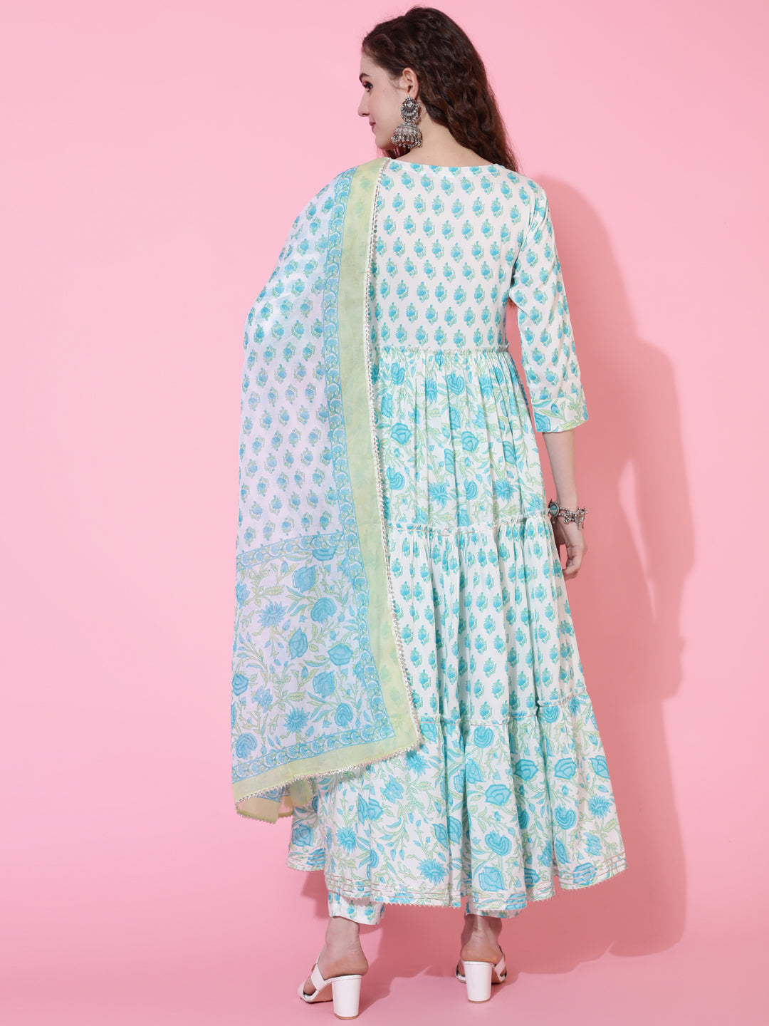 Rayon Calf Length Printed Flared 3/4 Sleeves Round Neck Kurta Bottom Dupatta Set (Preorder)