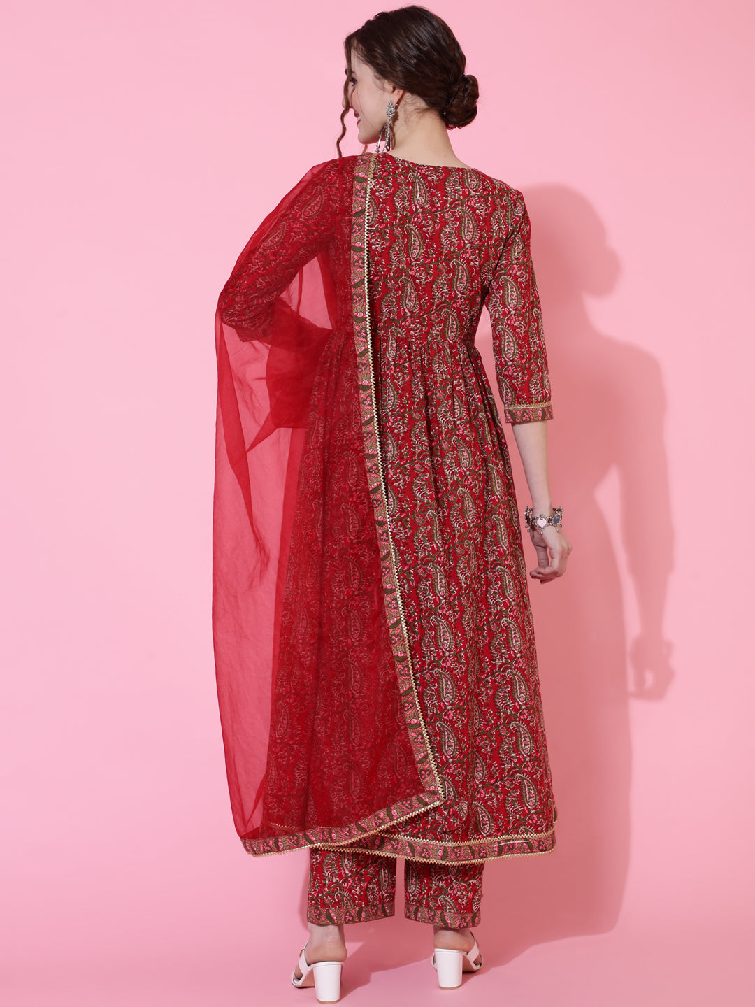 Cotton Calf Length Printed Semi-Flared 3/4 Sleeves V-Neck Kurta Bottom Dupatta Set (Preorder)