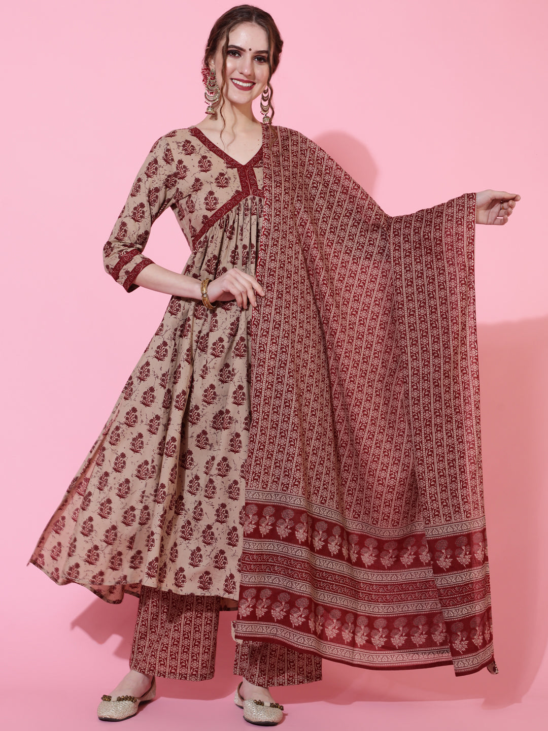 Cotton Calf Length Printed Semi-Flared 3/4 Sleeves V-Neck Kurta Bottom Dupatta Set (Preorder)