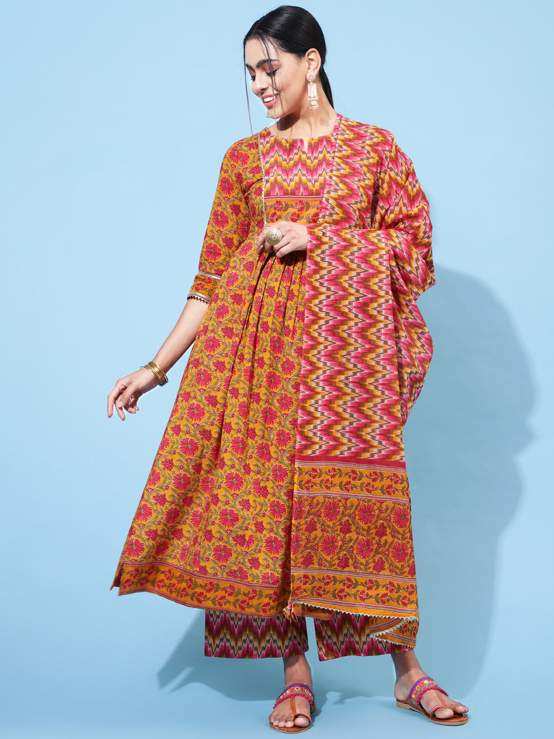 Cotton Calf Length Printed Semi-Flared 3/4 Sleeve Round Neck Kurta Bottom Dupatta Set (Preorder)