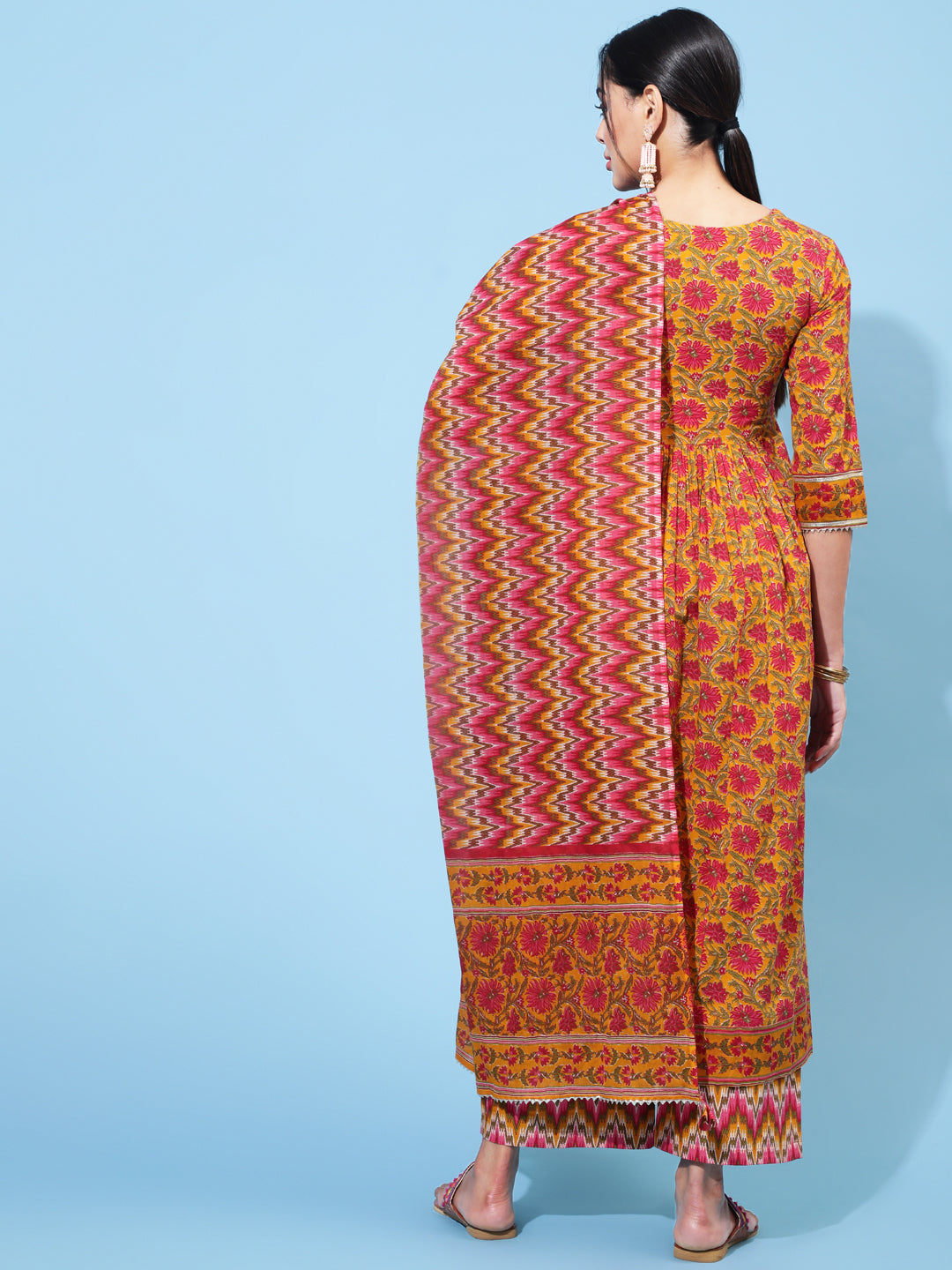 Cotton Calf Length Printed Semi-Flared 3/4 Sleeve Round Neck Kurta Bottom Dupatta Set (Preorder)