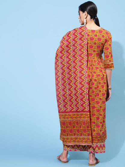 Cotton Calf Length Printed Semi-Flared 3/4 Sleeve Round Neck Kurta Bottom Dupatta Set (Preorder)