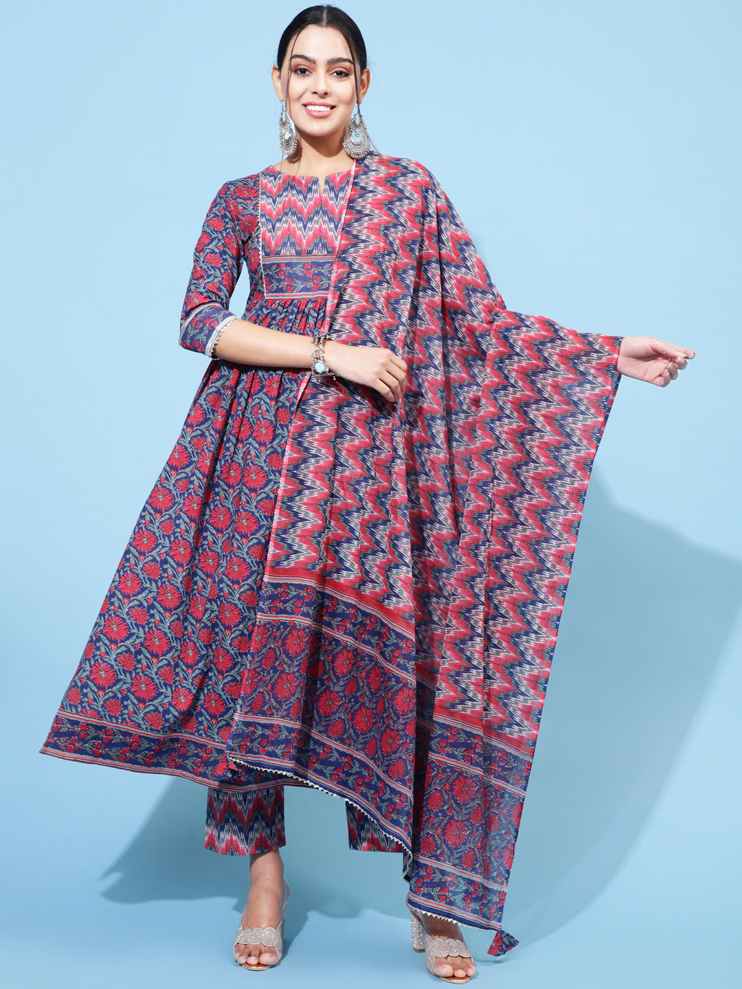 Cotton Calf Length Printed Semi-Flared 3/4 Sleeve Round Neck Kurta Bottom Dupatta Set (Preorder)