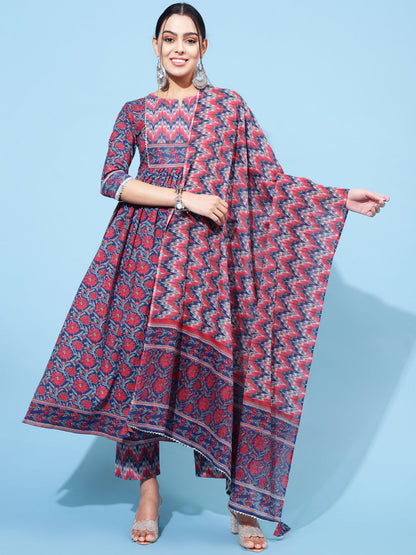 Cotton Calf Length Printed Semi-Flared 3/4 Sleeve Round Neck Kurta Bottom Dupatta Set (Preorder)