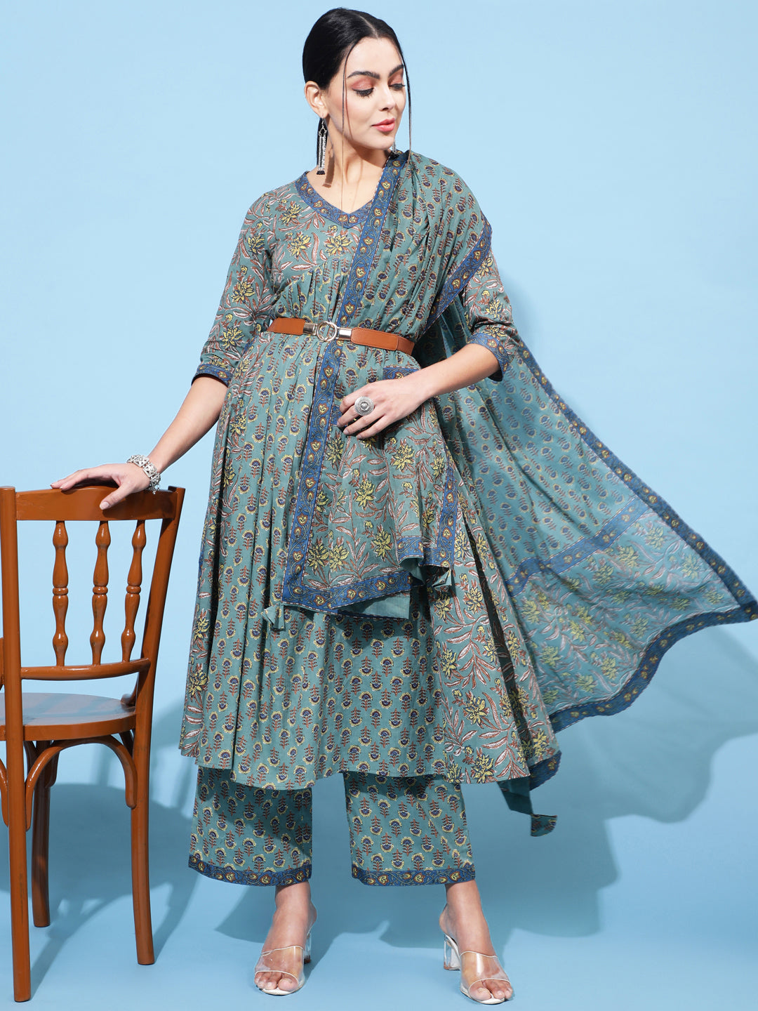 Cotton Calf Length Printed Semi-Flared 3/4 Sleeve V Neck Kurta Bottom Dupatta Set (Preorder)