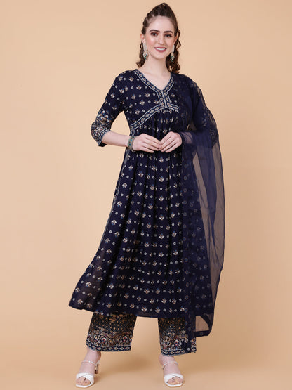 Rayon Calf Length Printed Semi-Flared 3/4 Sleeves V-neck Kurta Bottom Dupatta Set (Preorder)