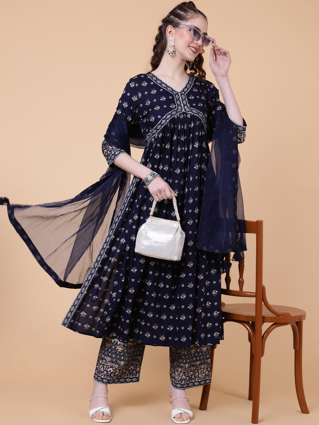 Rayon Calf Length Printed Semi-Flared 3/4 Sleeves V-neck Kurta Bottom Dupatta Set (Preorder)