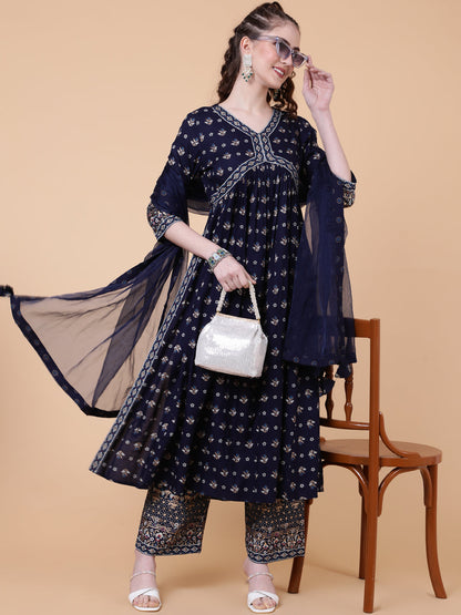 Rayon Calf Length Printed Semi-Flared 3/4 Sleeves V-neck Kurta Bottom Dupatta Set (Preorder)