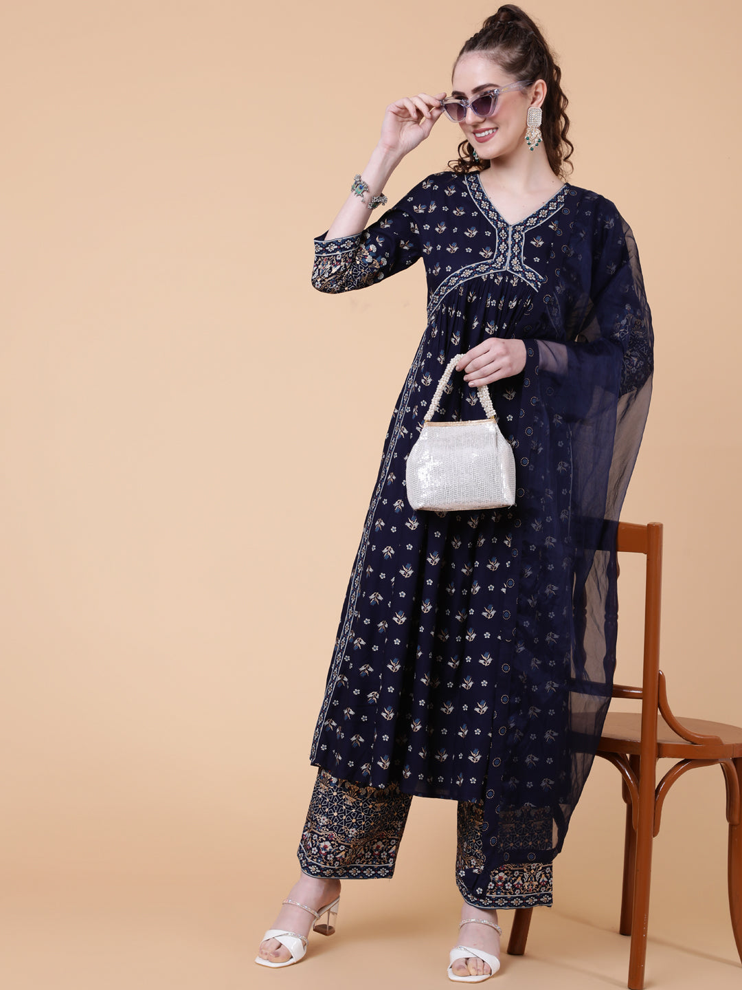 Rayon Calf Length Printed Semi-Flared 3/4 Sleeves V-neck Kurta Bottom Dupatta Set (Preorder)