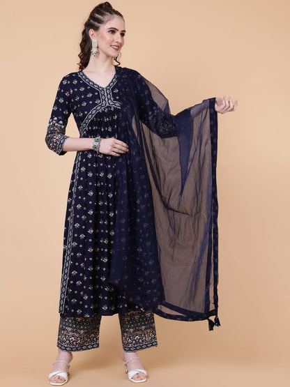 Rayon Calf Length Printed Semi-Flared 3/4 Sleeves V-neck Kurta Bottom Dupatta Set (Preorder)