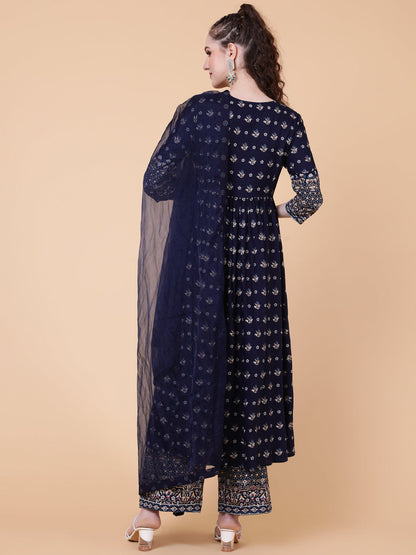 Rayon Calf Length Printed Semi-Flared 3/4 Sleeves V-neck Kurta Bottom Dupatta Set (Preorder)