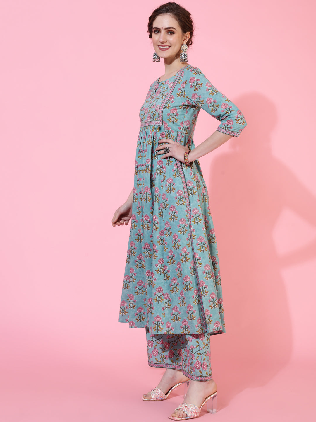 Rayon Calf Length Printed Semi-Flared 3/4 Sleeves Round Neck Kurta Bottom Set (Preorder)