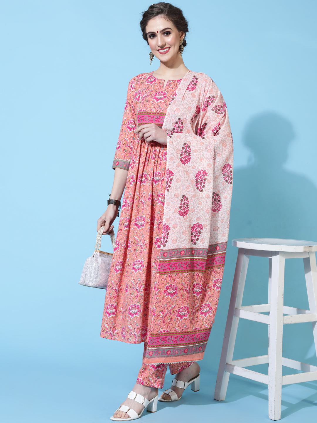 Cotton Calf Printed Semi-Flared 3/4 Sleeve Round Neck Kurta Bottom Dupatta Set (Preorder)