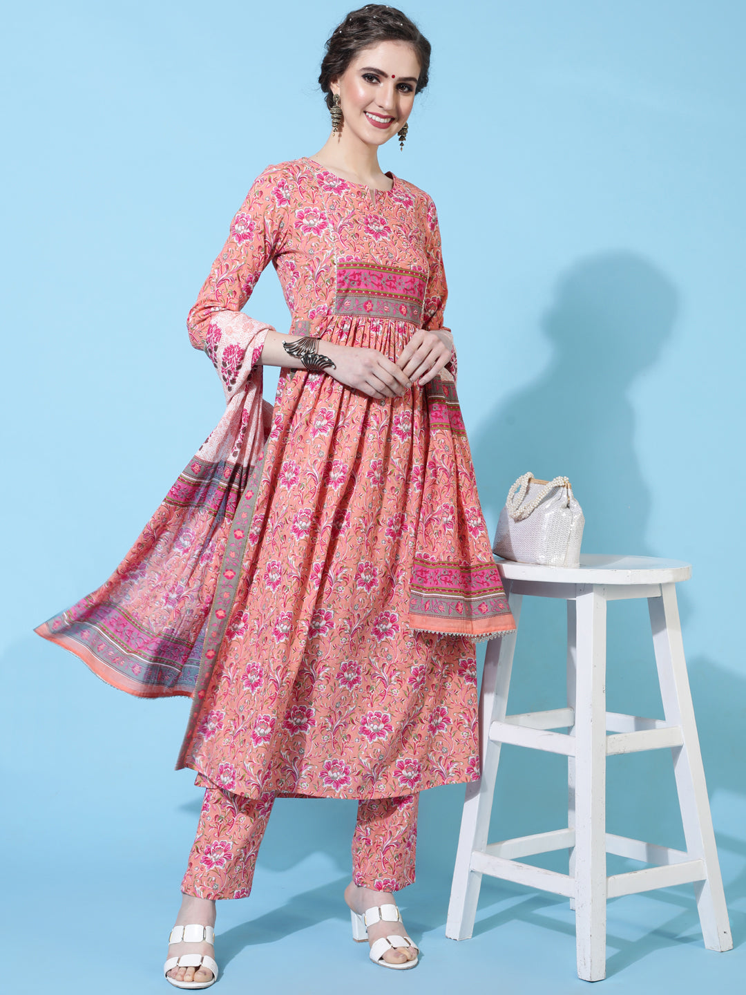 Cotton Calf Printed Semi-Flared 3/4 Sleeve Round Neck Kurta Bottom Dupatta Set (Preorder)