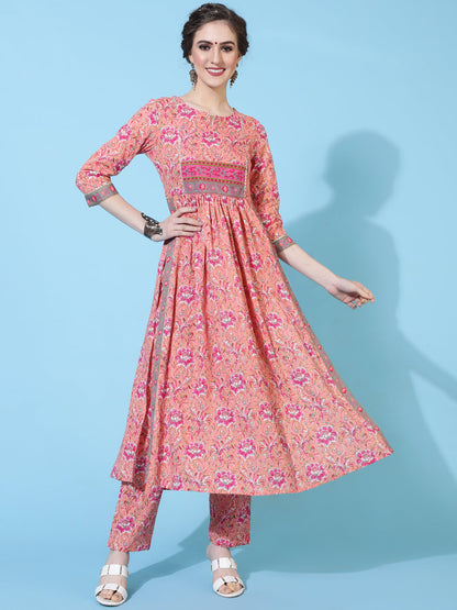 Cotton Calf Printed Semi-Flared 3/4 Sleeve Round Neck Kurta Bottom Dupatta Set (Preorder)