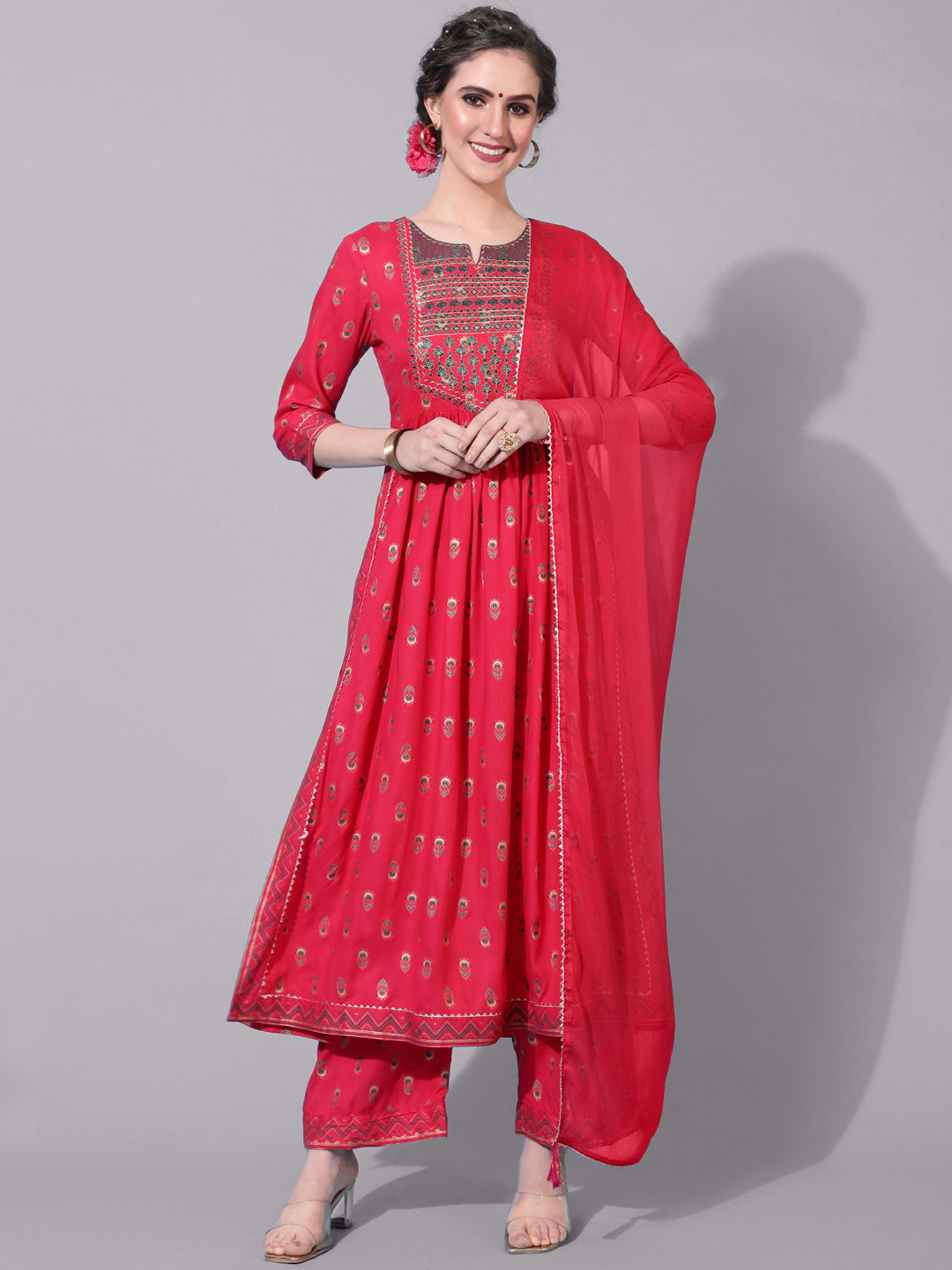 Rayon Calf Printed Semi-Flared 3/4 Sleeve Round Neck Kurta Bottom Dupatta Set (Preorder)