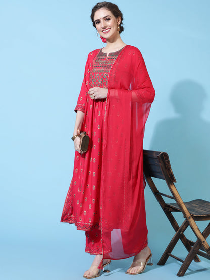 Rayon Calf Printed Semi-Flared 3/4 Sleeve Round Neck Kurta Bottom Dupatta Set (Preorder)