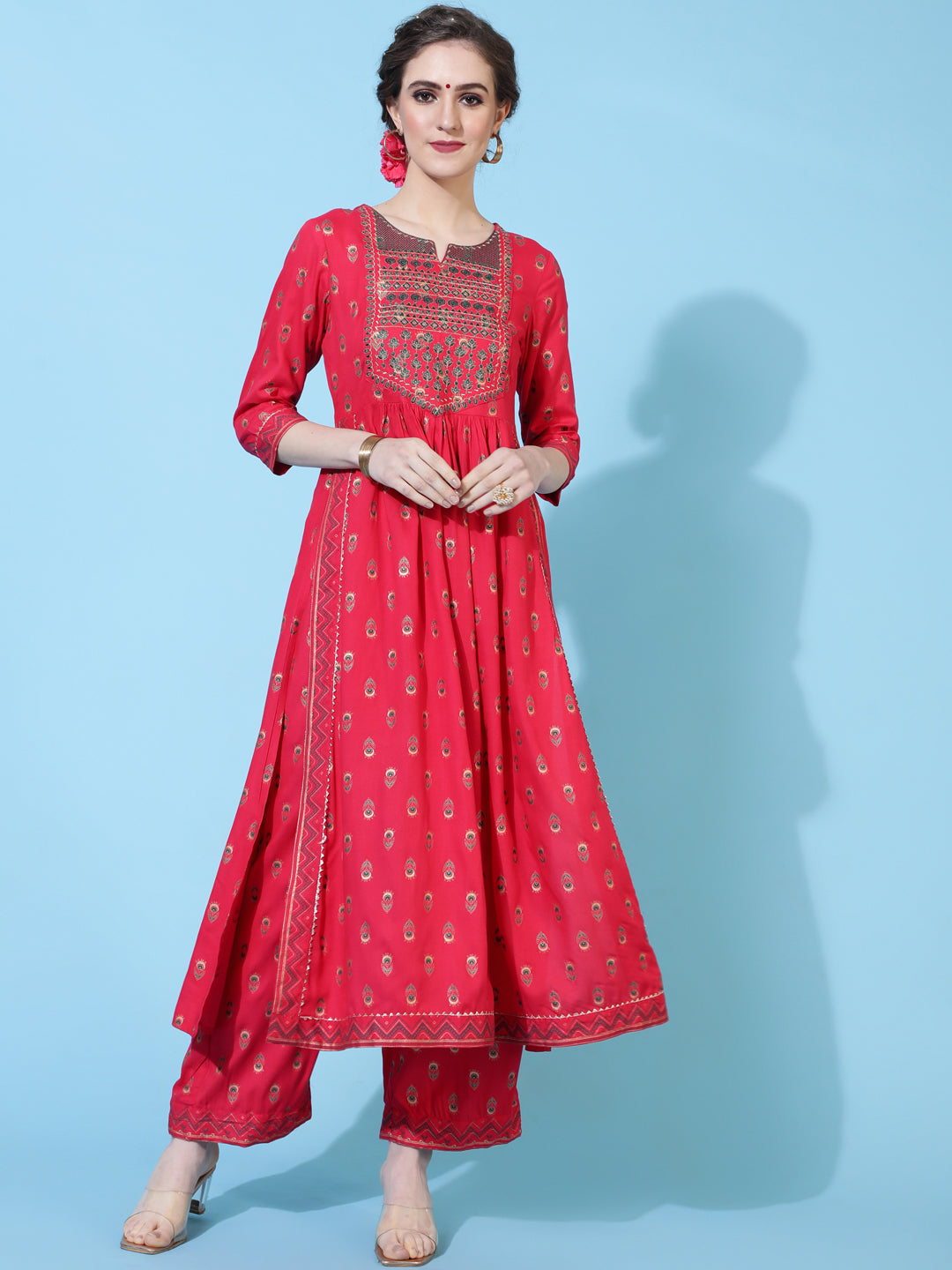 Rayon Calf Printed Semi-Flared 3/4 Sleeve Round Neck Kurta Bottom Dupatta Set (Preorder)