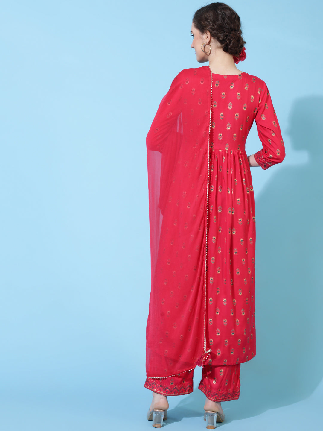 Rayon Calf Printed Semi-Flared 3/4 Sleeve Round Neck Kurta Bottom Dupatta Set (Preorder)