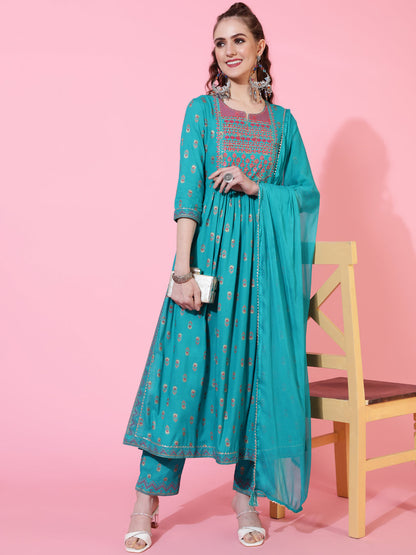 Rayon Calf Printed Flared 3/4 Sleeve Round Neck Kurta Bottom Dupatta Set (Preorder)