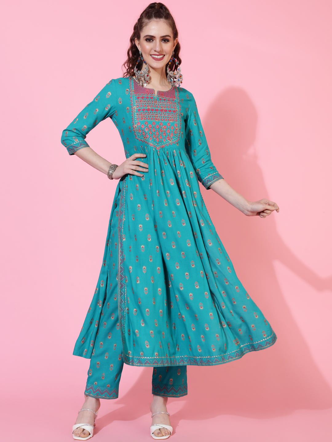 Rayon Calf Printed Flared 3/4 Sleeve Round Neck Kurta Bottom Dupatta Set (Preorder)