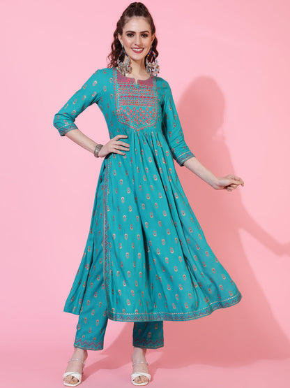 Rayon Calf Printed Flared 3/4 Sleeve Round Neck Kurta Bottom Dupatta Set (Preorder)