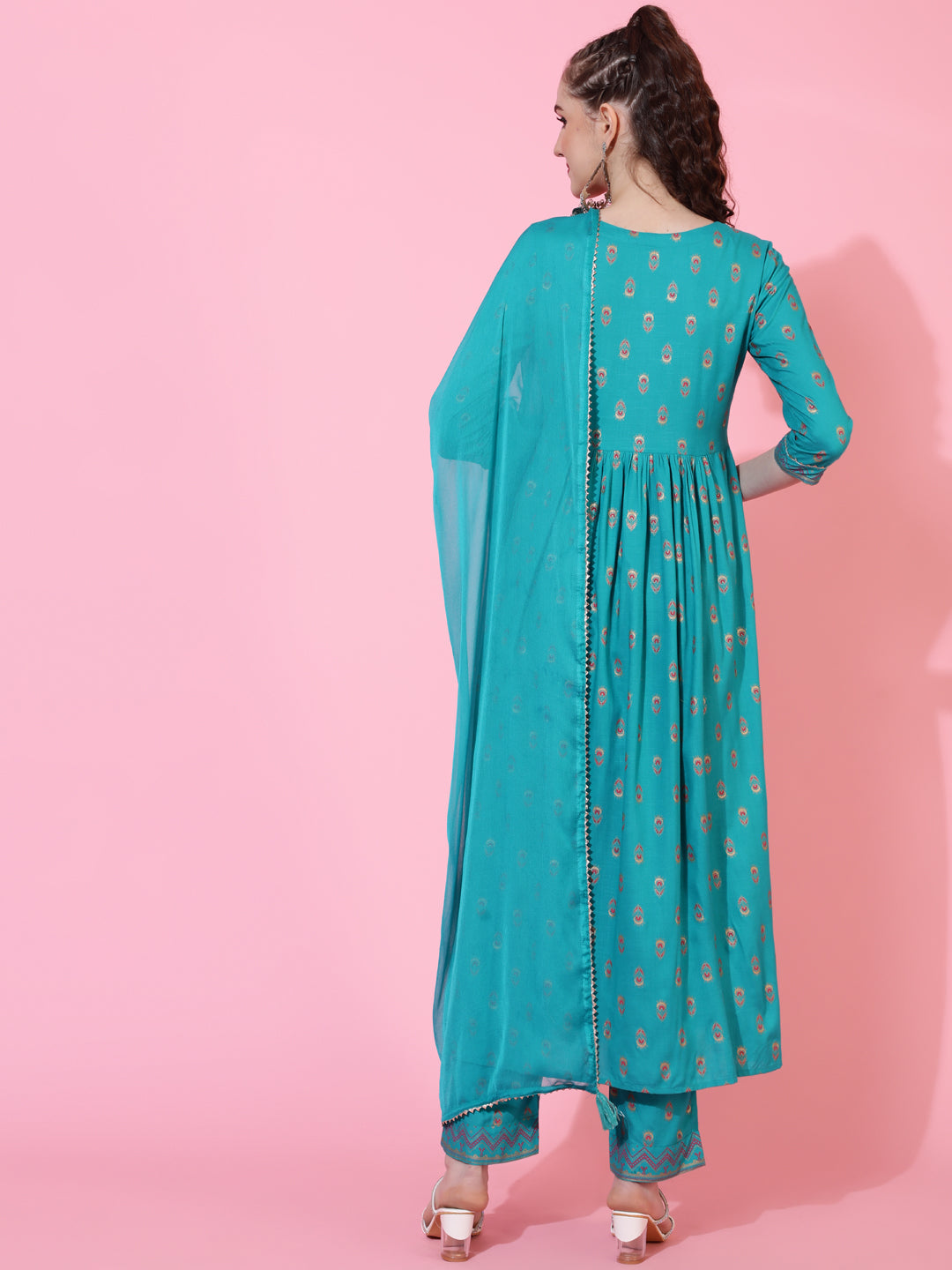 Rayon Calf Printed Flared 3/4 Sleeve Round Neck Kurta Bottom Dupatta Set (Preorder)