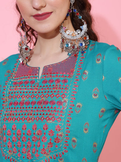 Rayon Calf Printed Flared 3/4 Sleeve Round Neck Kurta Bottom Dupatta Set (Preorder)