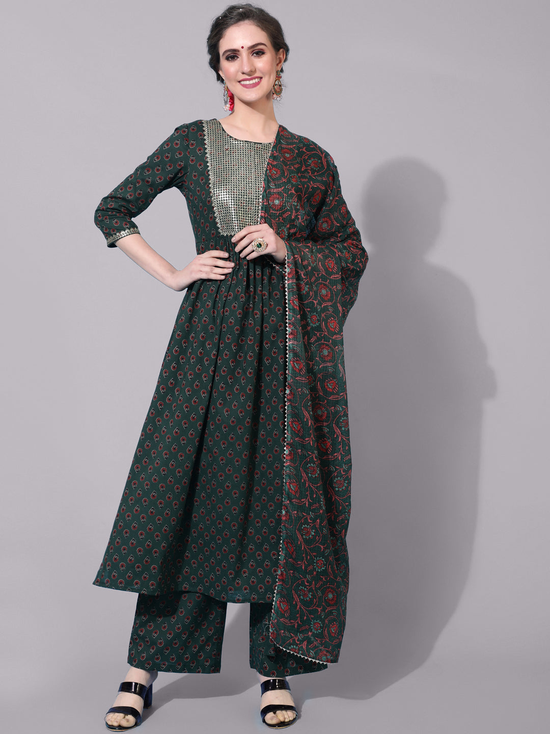 Cotton Calf Printed Flared 3/4 Sleeve Round Neck Kurta Bottom Dupatta Set (Preorder)
