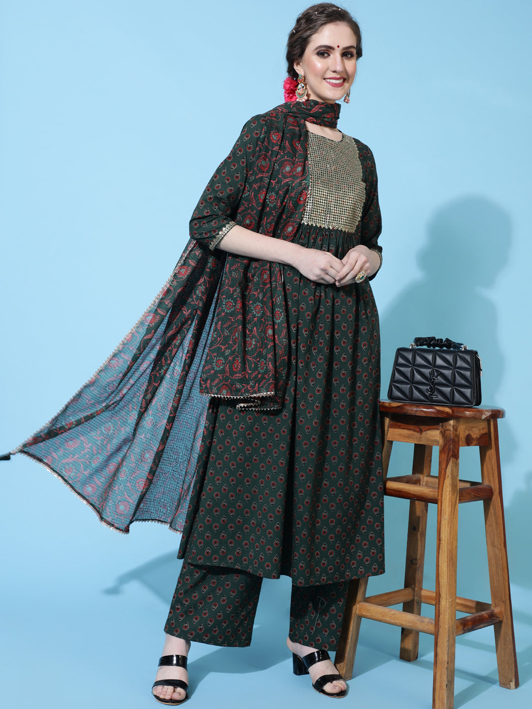 Cotton Calf Printed Flared 3/4 Sleeve Round Neck Kurta Bottom Dupatta Set (Preorder)