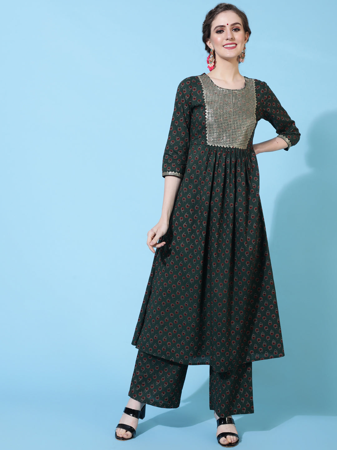 Cotton Calf Printed Flared 3/4 Sleeve Round Neck Kurta Bottom Dupatta Set (Preorder)