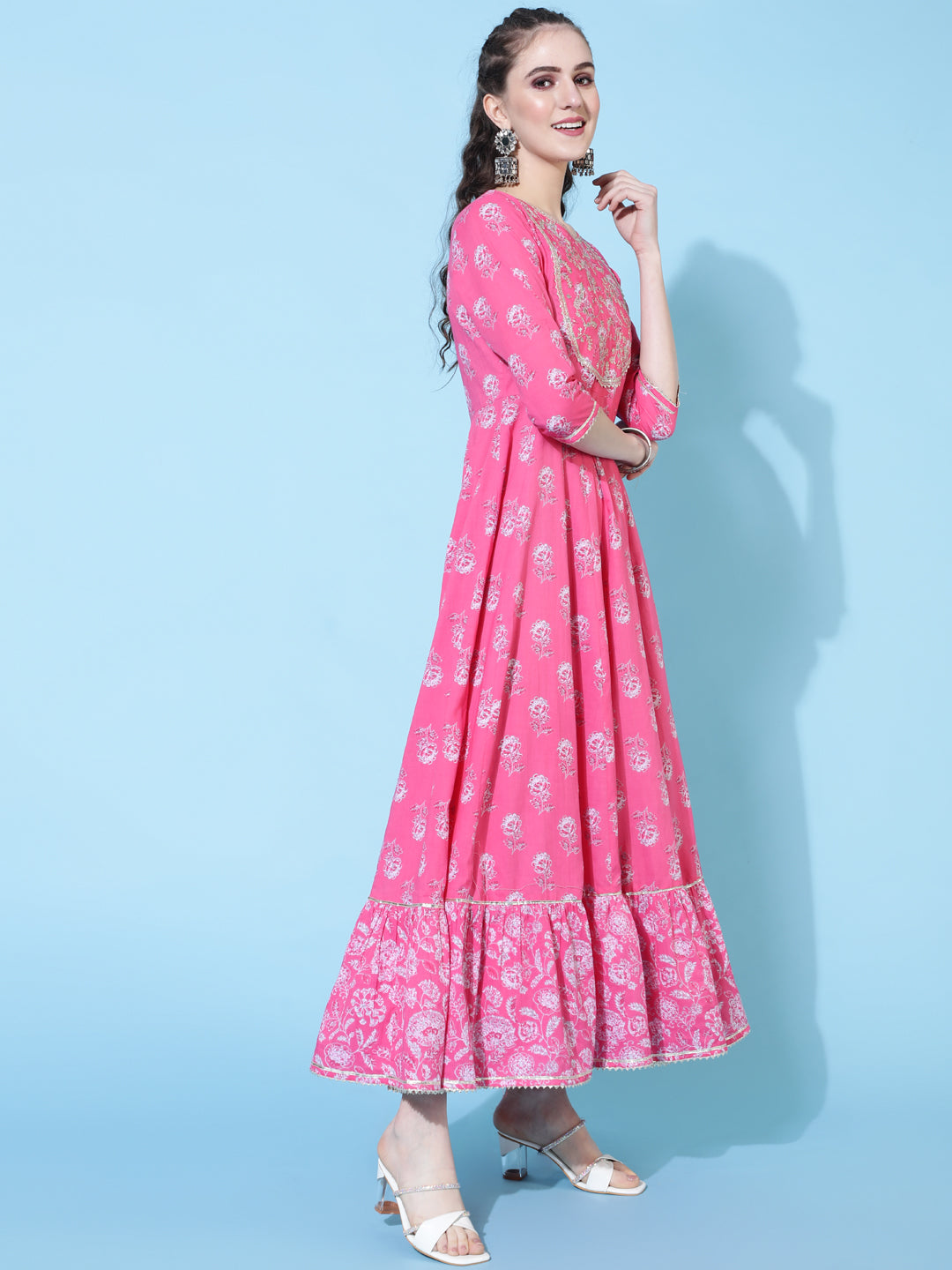 Cotton Ankle Length Printed Flared 3/4 Sleeves Round Neck Kurta (Preorder)