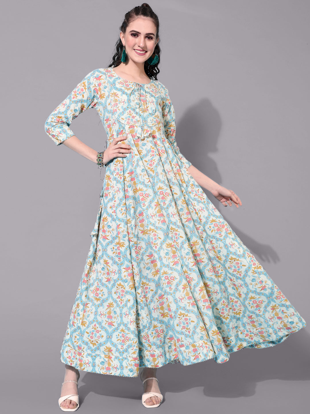 Cotton Ankle Length Printed Flared 3/4 Sleeves Round Neck Kurta (Preorder)