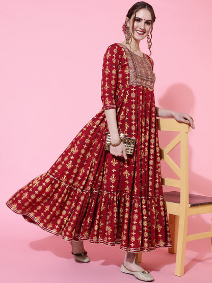 Rayon Ankle Length Printed Flared 3/4 Sleeves Round Neck Kurta (Preorder)