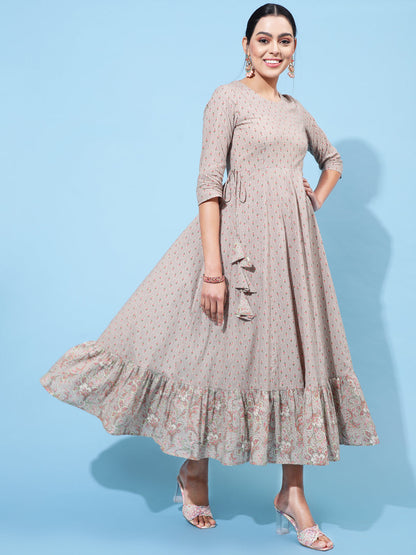 Cotton Calf Length Printed Flared 3/4 Sleeve Round Neck Kurta (Preorder)