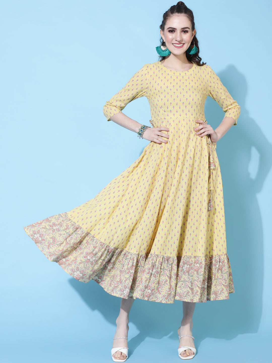 Cotton Calf Length Printed Flared 3/4 Sleeve Round Neck Kurta (Preorder)