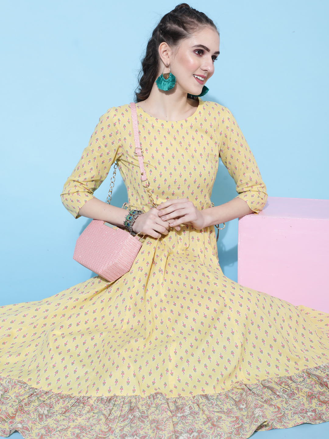 Cotton Calf Length Printed Flared 3/4 Sleeve Round Neck Kurta (Preorder)
