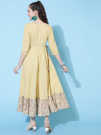 Cotton Calf Length Printed Flared 3/4 Sleeve Round Neck Kurta (Preorder)
