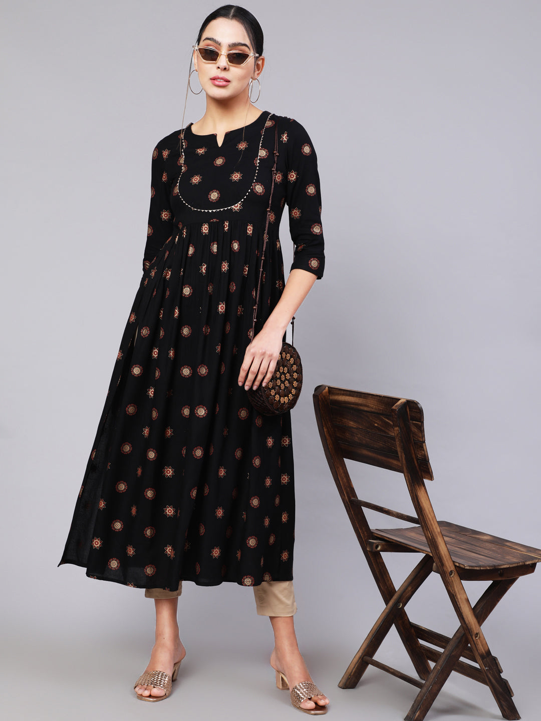 Rayon Calf Length Printed Flared 3/4 Sleeve Round Neck Kurta (Preorder)