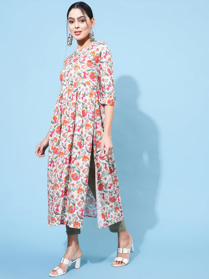 Rayon Calf Length Printed Semi-Flared 3/4 Sleeve Round Neck Kurta (Preorder)